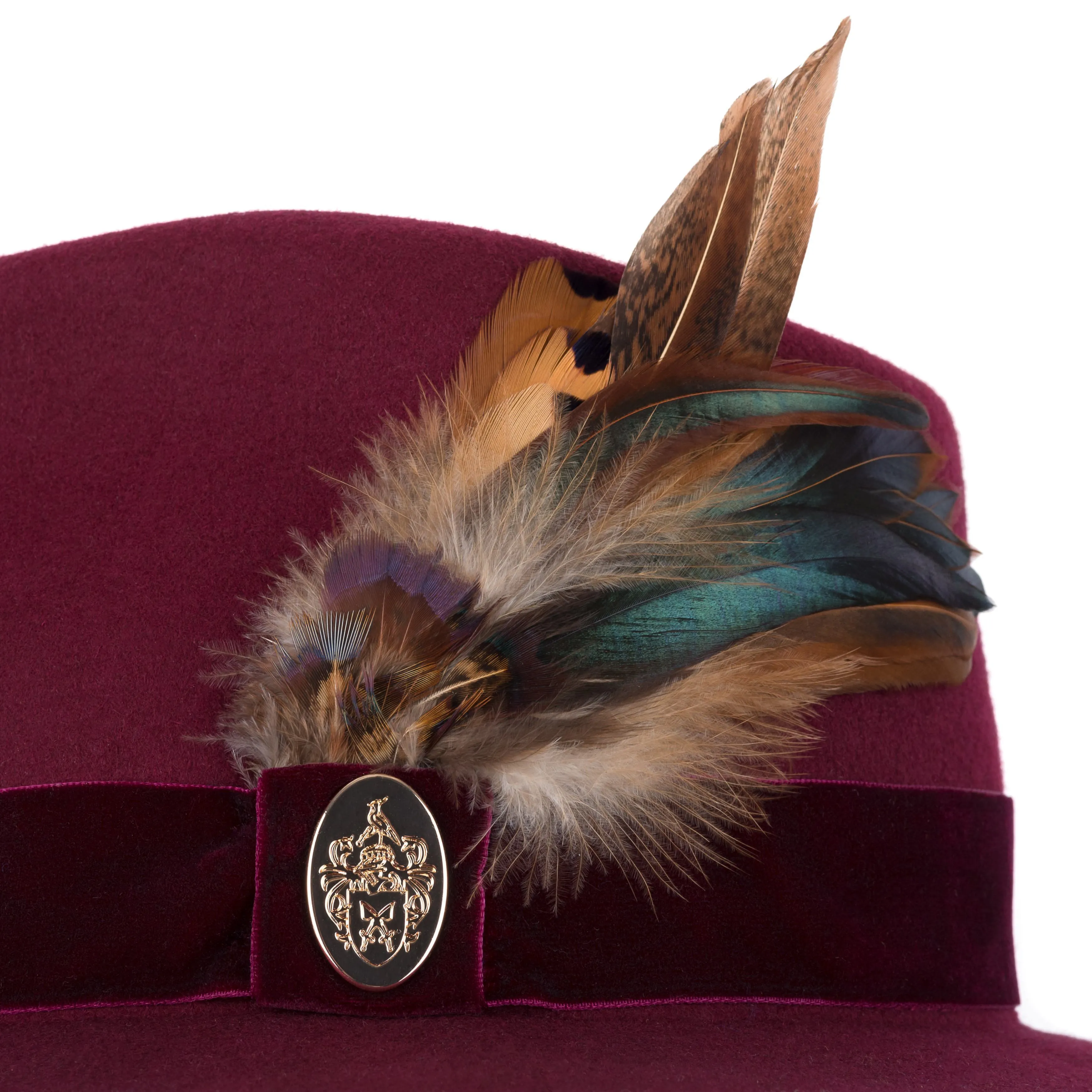 The Chelsworth Fedora in Maroon (Bronze Luxe Feather)