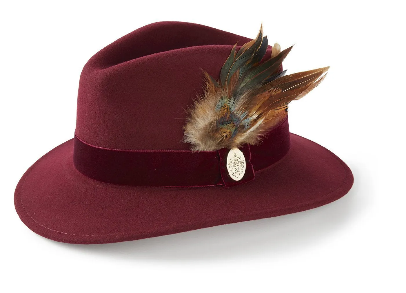 The Chelsworth Fedora in Maroon (Bronze Luxe Feather)