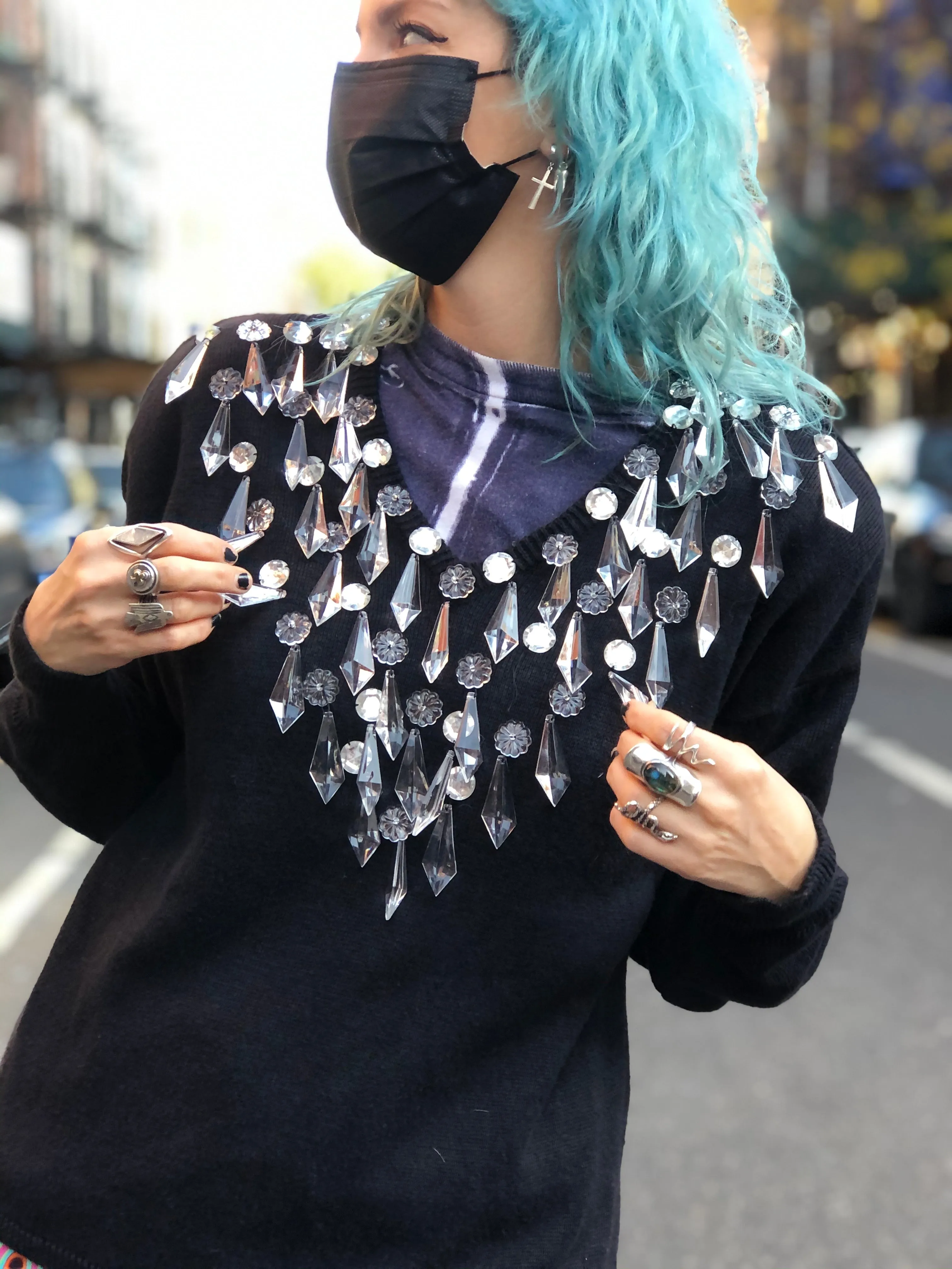 Vintage 80s Chandelier Dangling Crystals Sweater