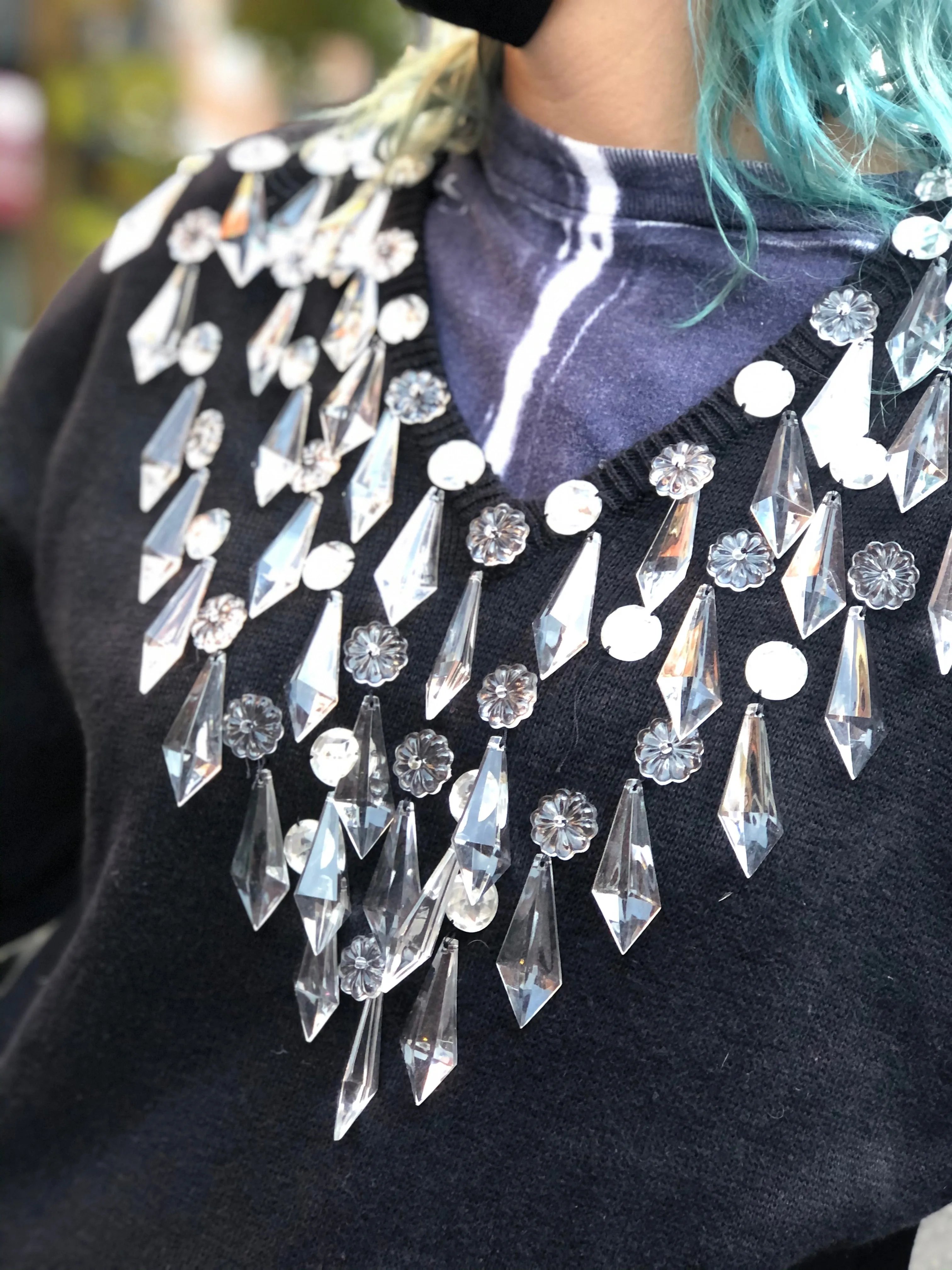 Vintage 80s Chandelier Dangling Crystals Sweater