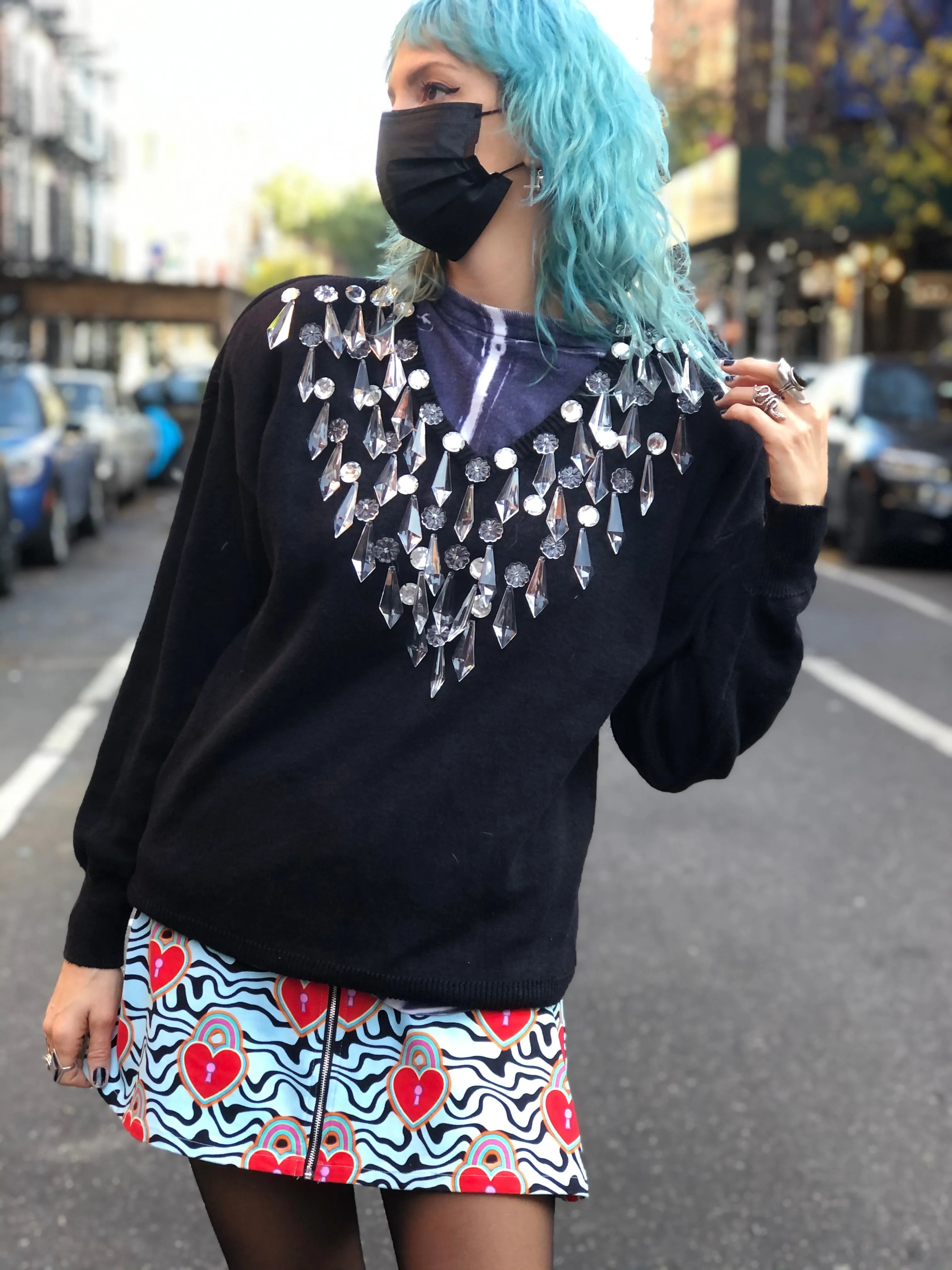 Vintage 80s Chandelier Dangling Crystals Sweater