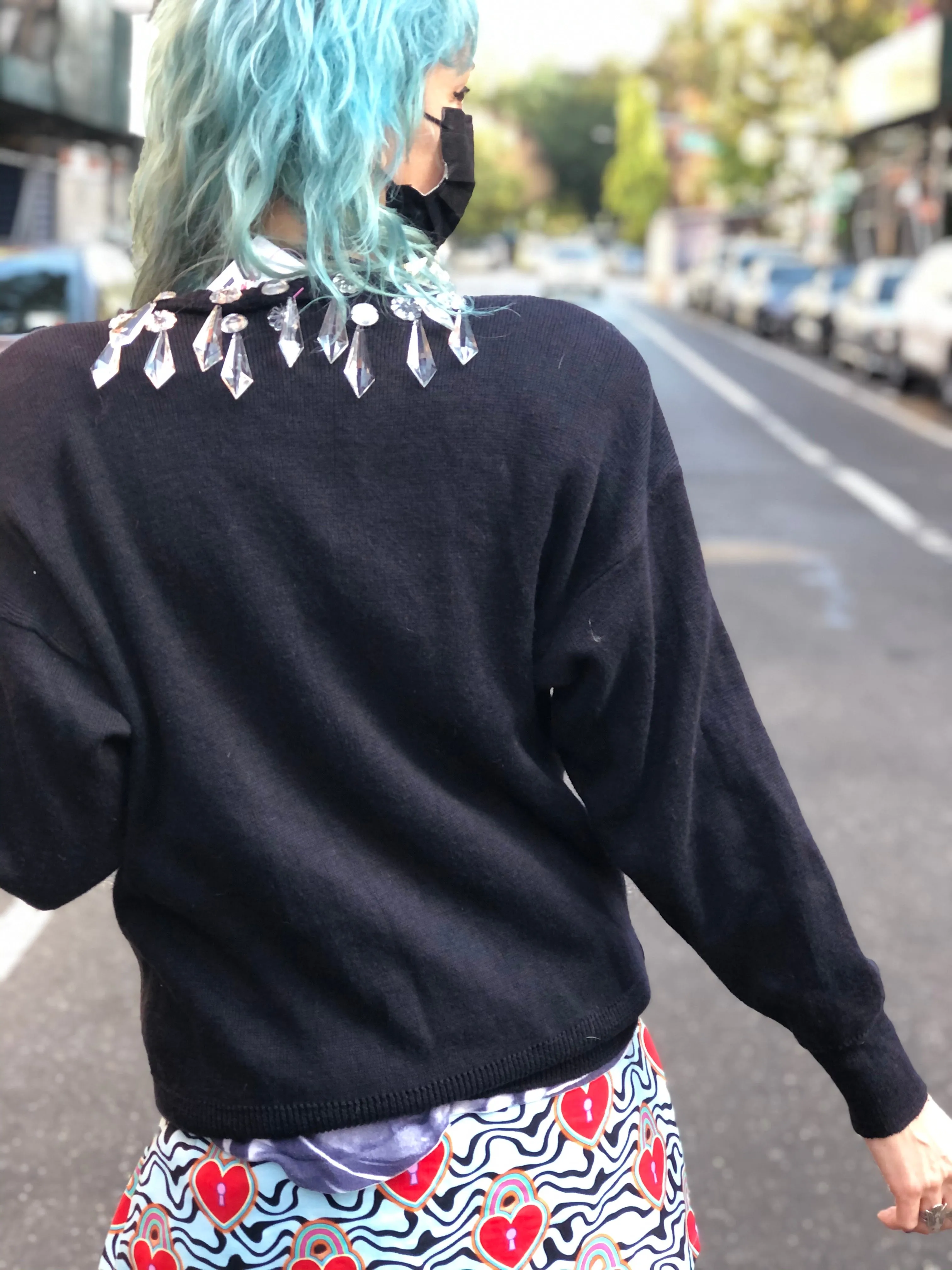 Vintage 80s Chandelier Dangling Crystals Sweater