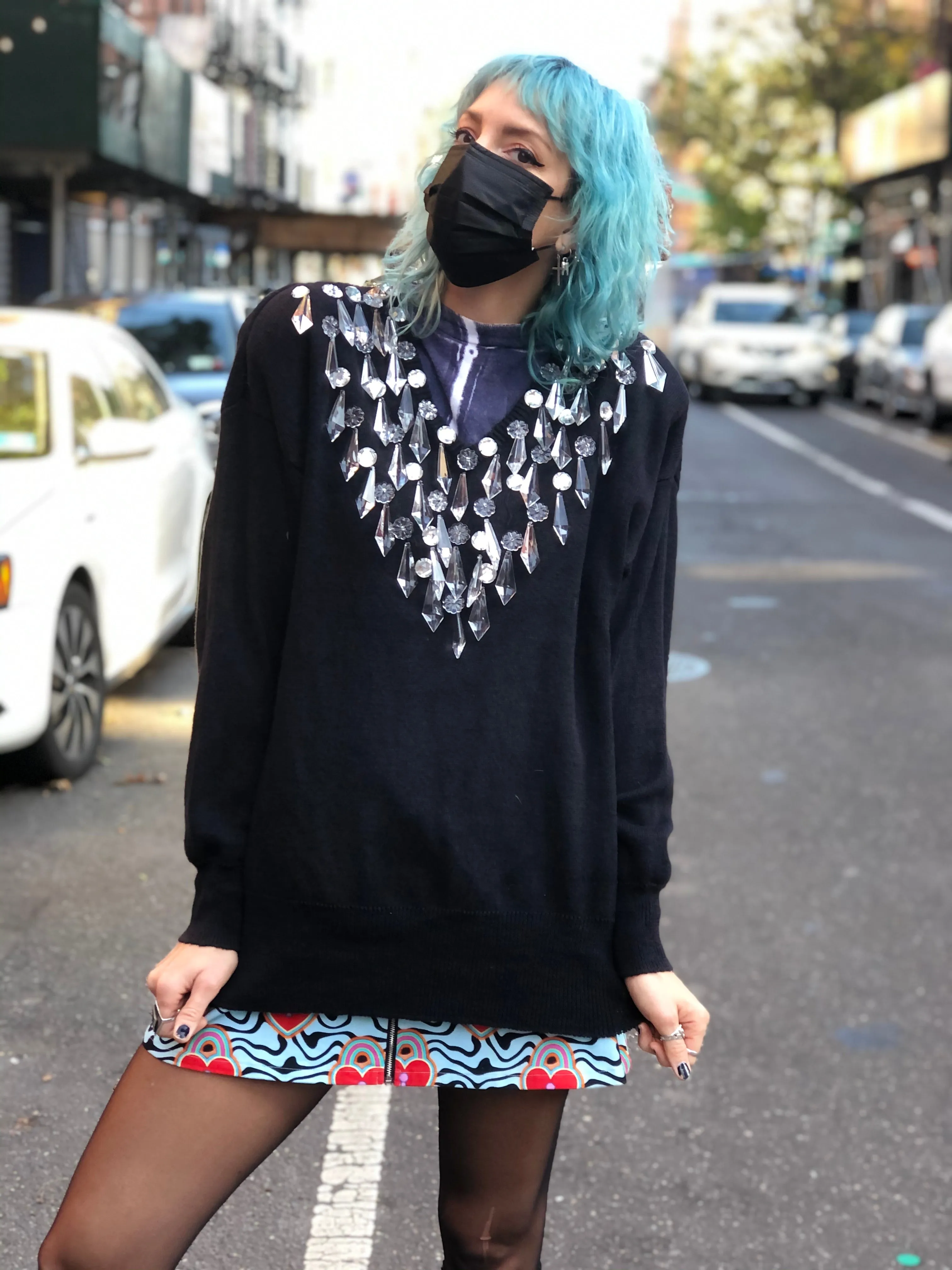 Vintage 80s Chandelier Dangling Crystals Sweater