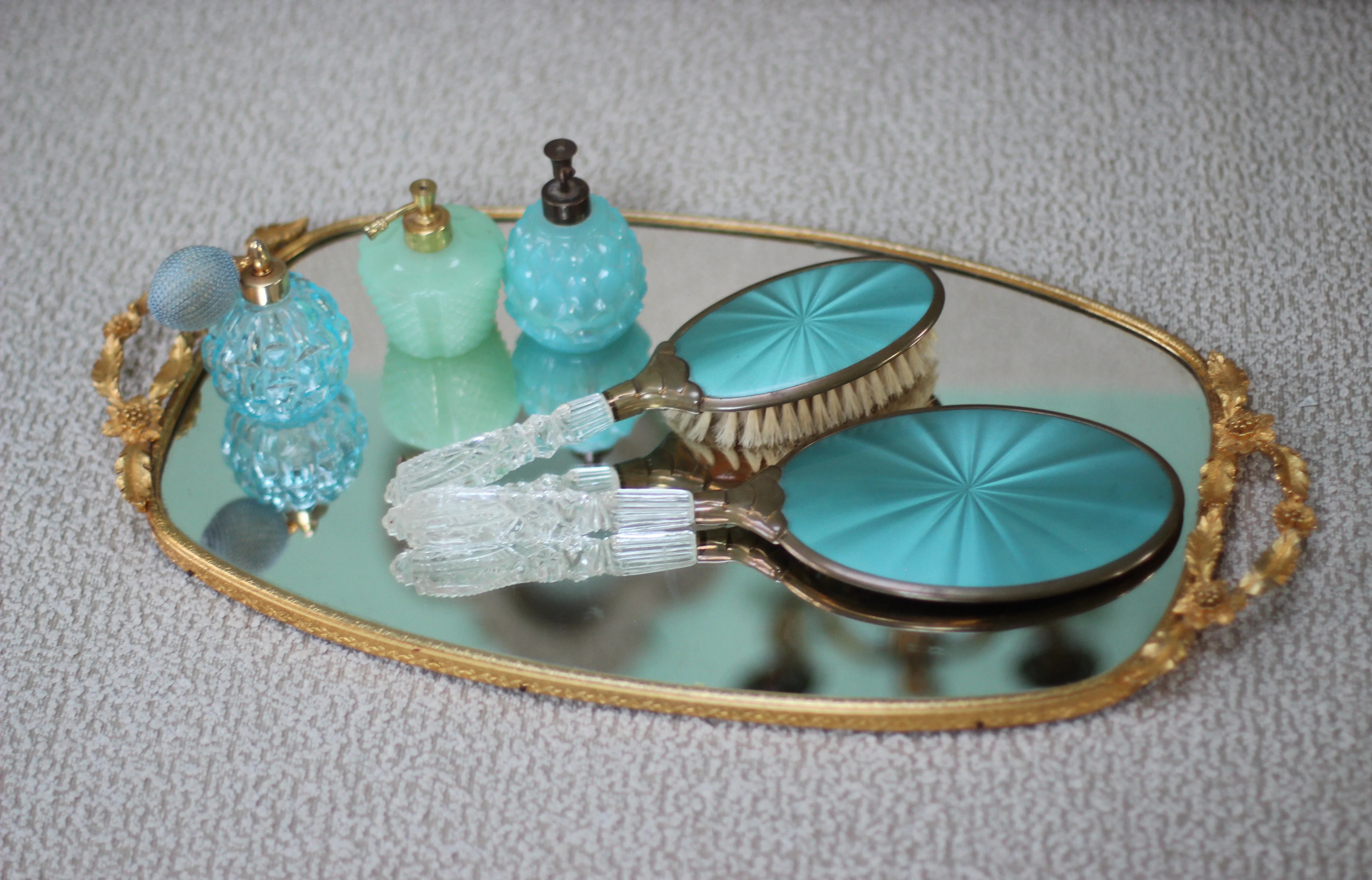 Vintage Teal Art Deco Vanity Set
