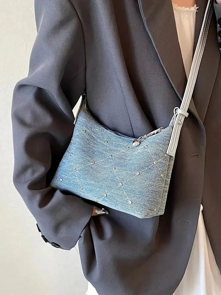 Vvsha Heart Charm Studded Denim Shoulder Bag