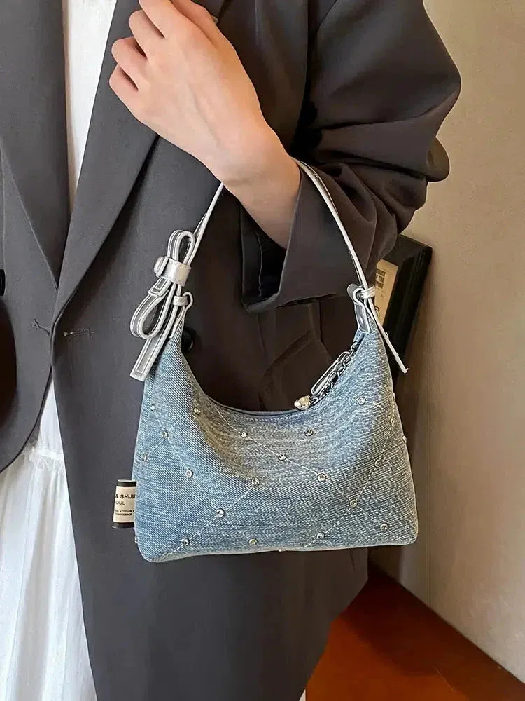 Vvsha Heart Charm Studded Denim Shoulder Bag