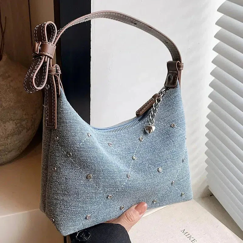 Vvsha Heart Charm Studded Denim Shoulder Bag
