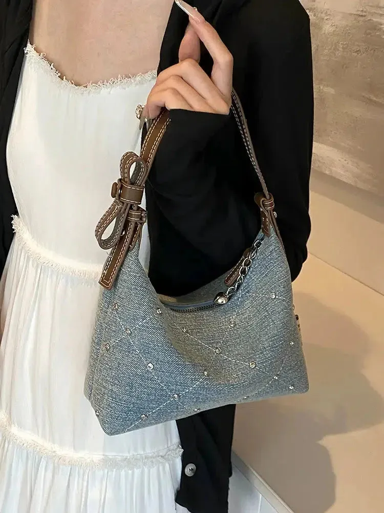 Vvsha Heart Charm Studded Denim Shoulder Bag