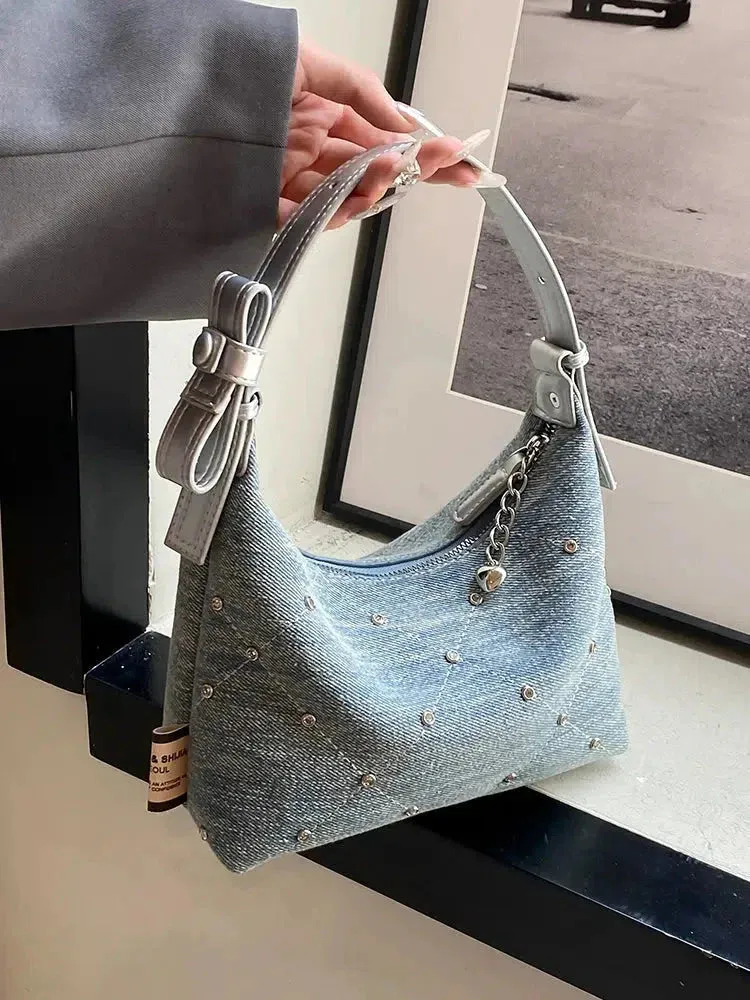 Vvsha Heart Charm Studded Denim Shoulder Bag