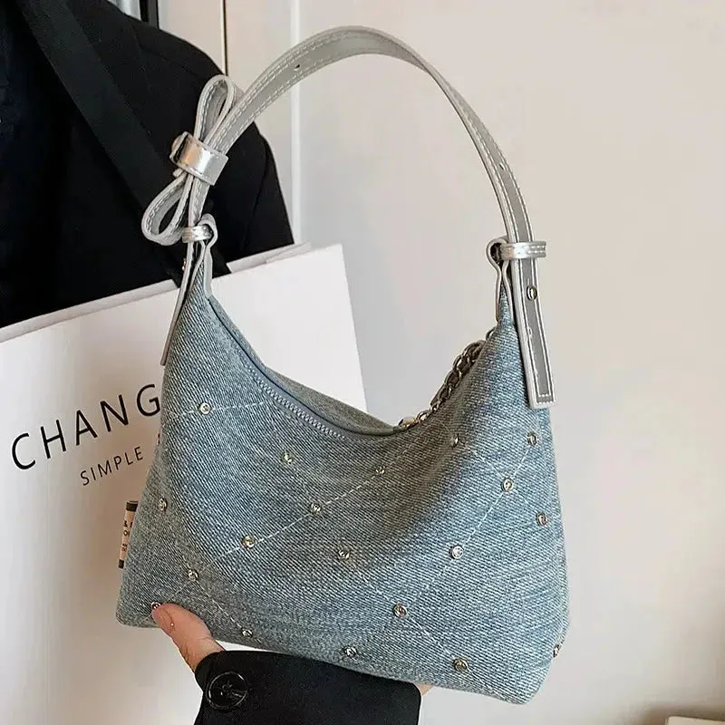 Vvsha Heart Charm Studded Denim Shoulder Bag