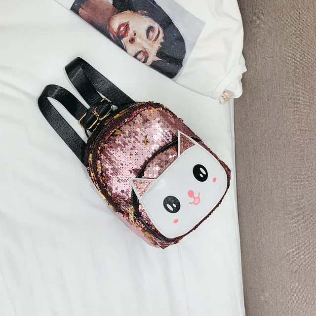 White Cat Faced Cut Out on Sequined Backpack