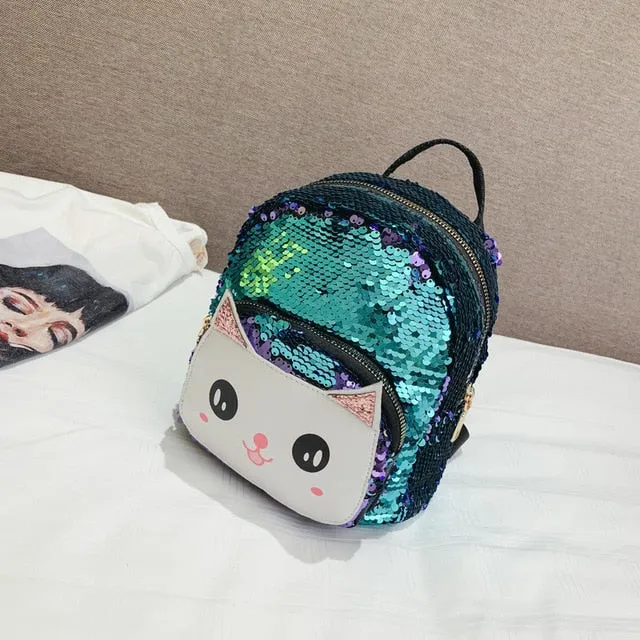 White Cat Faced Cut Out on Sequined Backpack