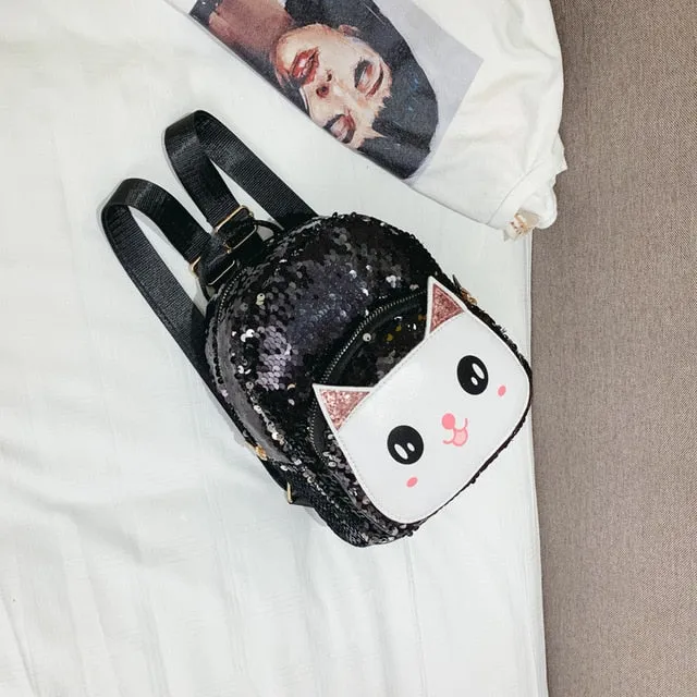 White Cat Faced Cut Out on Sequined Backpack