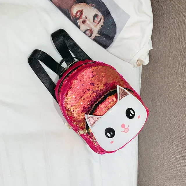 White Cat Faced Cut Out on Sequined Backpack