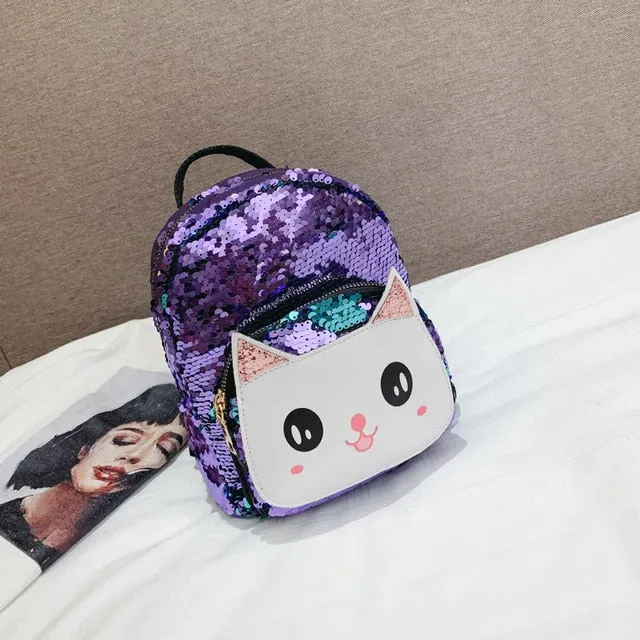 White Cat Faced Cut Out on Sequined Backpack